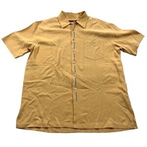 Tori Richard Martini Embroidered Short Sleeve Shirt Print Silk Orange Sz L Flaws